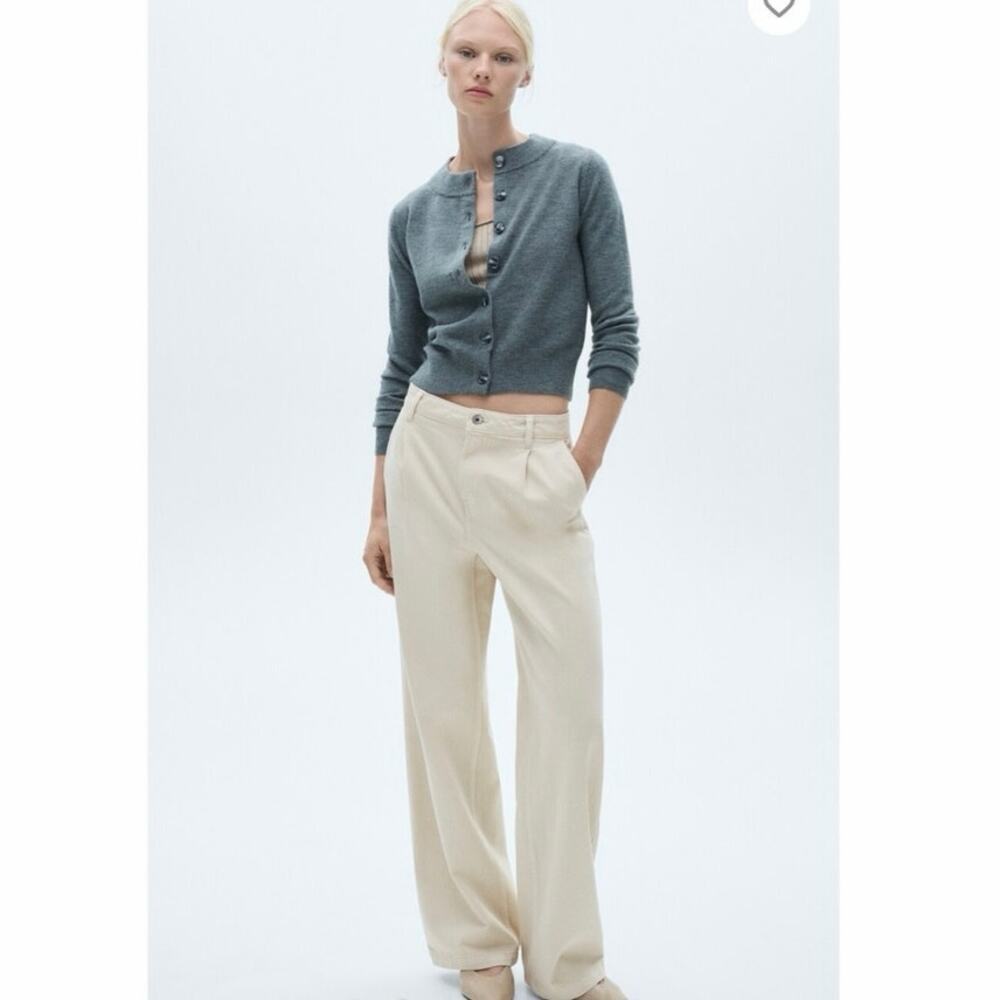 Mango MNG Arletita Pleated Straight Leg Jeans Cream High Rise Size 4 EU 36